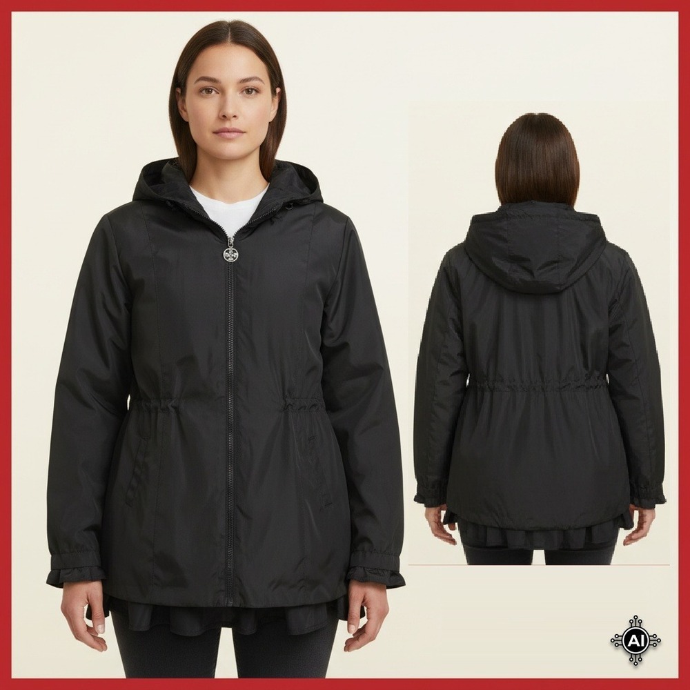 Dennis Basso Jacket Womens Black Hooded Lightweight‎ Drawstring S Windbreaker